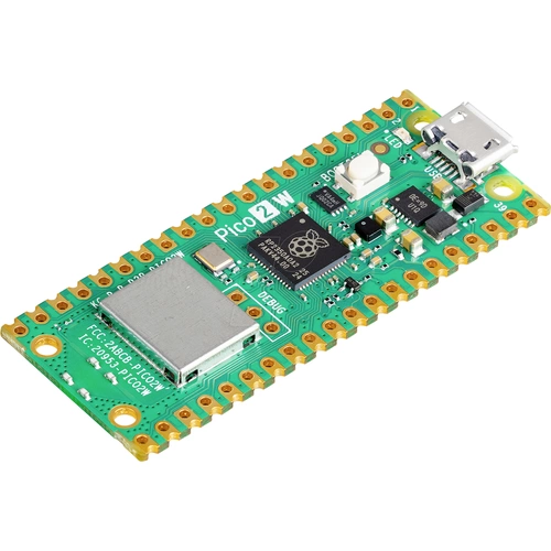 Ein Raspberry Pi Pico W Mikrocontroller mit grüner Platine, USB-Anschluss und verschiedenen Chips.